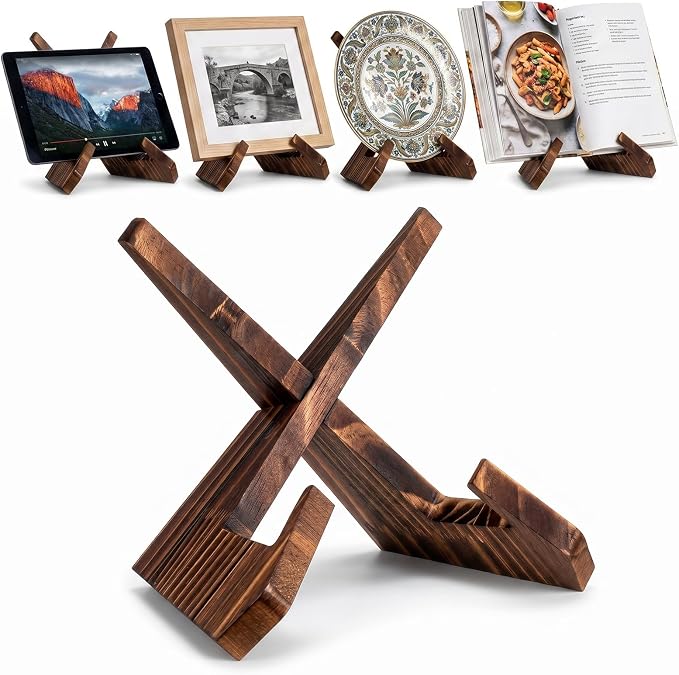 JJUNW Cookbook Stand, Recipe Book Holder for Kitchen Counter, Wooden Cookbook Holder, Rustic Cook Book Holder Stand - Rustic Brown