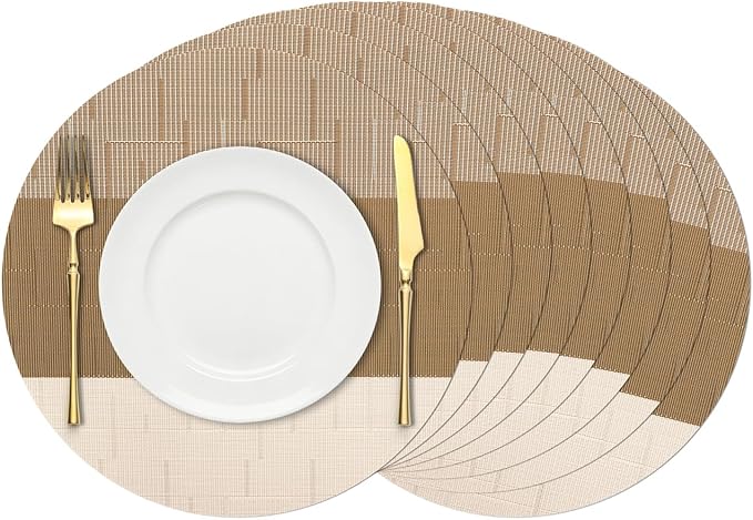 Round Placemats Set of 8, 15 Inch Woven Vinyl Heat Resistant Place Mats, Washable Non Slip PVC Table Mats for Kitchen Dining Party Outdoor Table Decor (Beige Light Brown, 8)