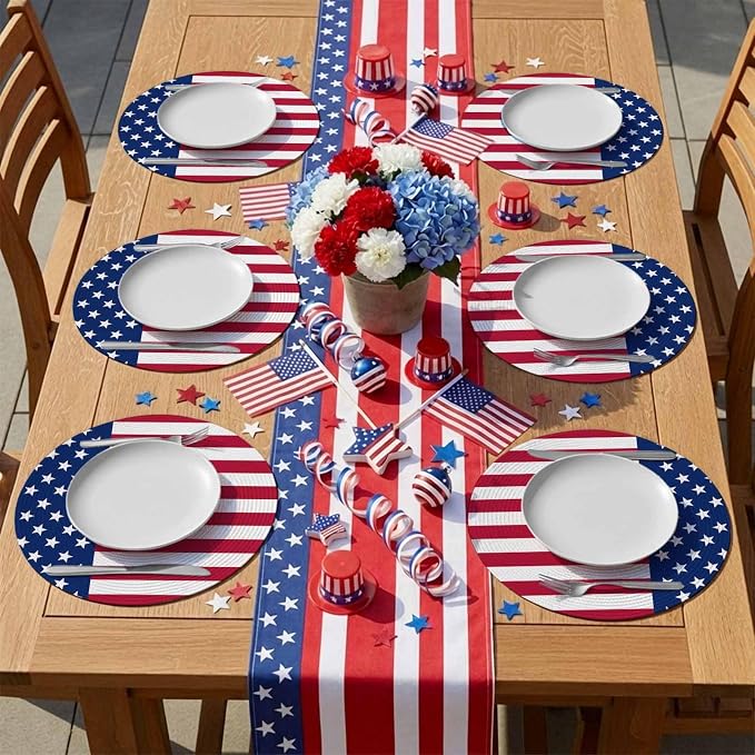 4th of July Round Placemats Set of 8 American Flag Place Mats Independence Day Woven Placemat Red White and Blue Star Stripes Circle Braided Table Mat for Kitchen Dining Table Party Decor 15 Inch