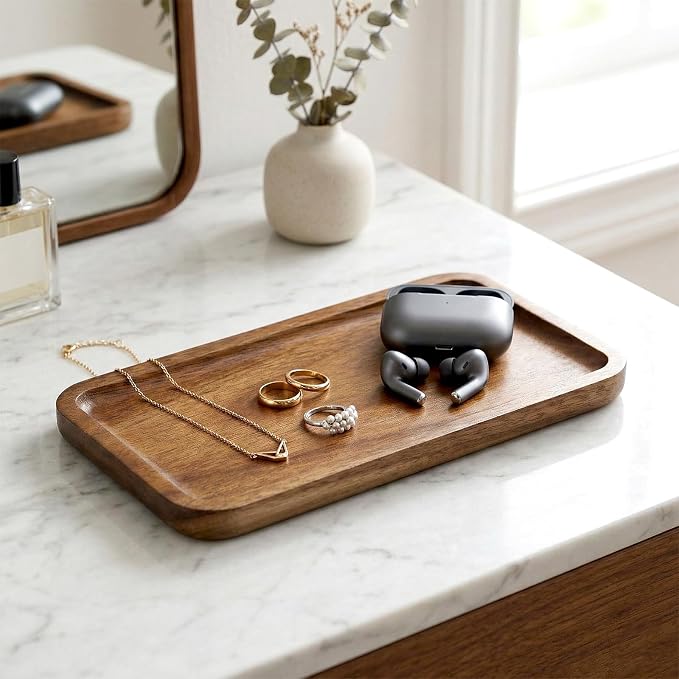 Wood Tray for Bathroom, 7.5 x 4 x 0.6 inch Wood Soap Dispenser Tray, Toilet Tank Tray, Kitchen Tray, Comestic Holder Bathtub Organizer, Home Decor Ideal for Jewelry, Cosmetics, and Small Items
