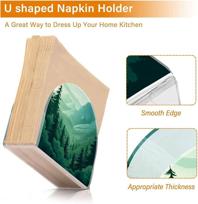Napkin Holder Acrylic Napkin Holder for Table Kitchen Party Restaurant U Shaped Upright Napkin Dispenser Organizer Mountain Forest Trees Green 02