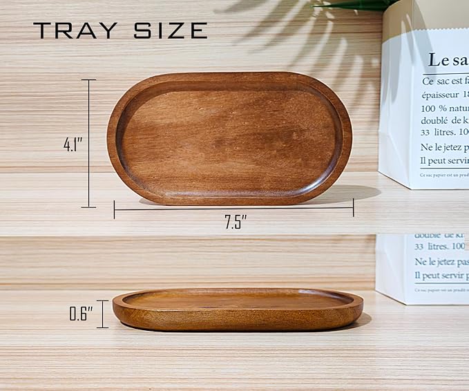 Small Wooden Tray (7.5 x 4.1 inch) 3 Pack, Oval Mini Serving Tray | for Coffee Tables, Dessert, Snack, Fruit, Acacia Wood Platter for Vegetable, Decor Restaurant