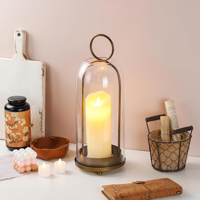16" High Versatile Modern Metal Hurricane Lantern with Handmade Sturdy Glass Dome in Antique Brass for Pillar Candle & Plants, Industrial, Farmhouse, Shabby Chic (Brass, 6.3"x16.5")