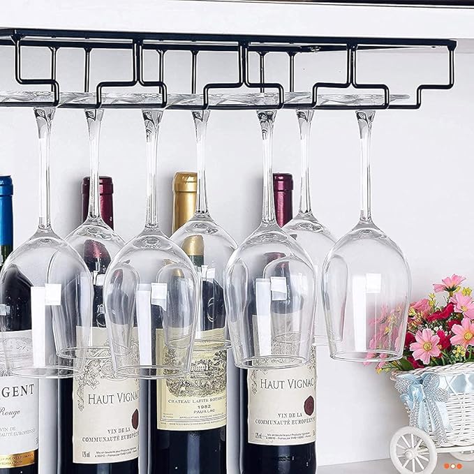 15.7in Wine Glass Rack - Hanging Wine Glass Rack Under Cabinet, Metal Wine Glass Holder, Glasses Storage Hanger Organizer for Home Kitchen Décor - Black