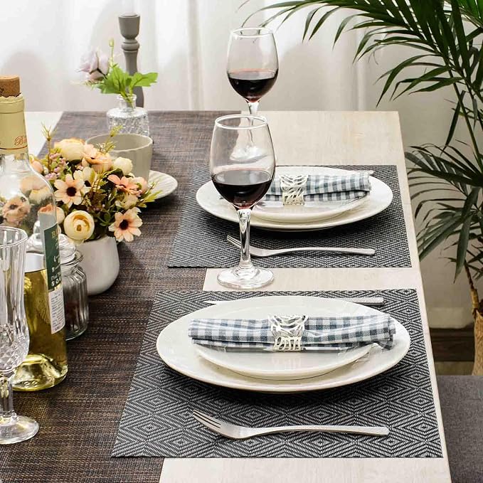 AHHFSMEI Placemats Set of 4 Washable Woven Vinyl Placemats for Dining Table Heat Resistant Non-Slip Stain Resistant Table Mats for Kitchen & Home Decor(Black Grey Checker,4)