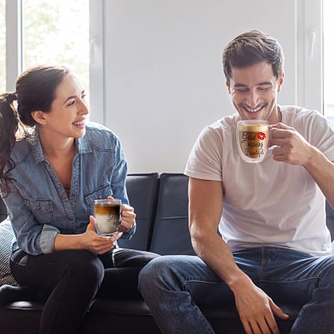 Double Wall Glass Coffee Mugs Set of 2, Clear Insulated Glass Mugs for Hot Beverages, Valentines Day Gifts, Suitable for Tea, Latte, Espresso, Cappuccino (12 oz Couple)