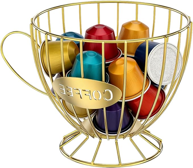 Metal Coffee Pod Holder Wire Coffee Pods Storage Basket Espresso Capsule Storage for Home Kitchen Cafe Hotel (Gold cup)