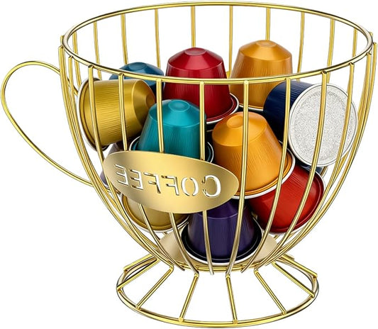 Metal Coffee Pod Holder Wire Coffee Pods Storage Basket Espresso Capsule Storage for Home Kitchen Cafe Hotel (Gold cup)