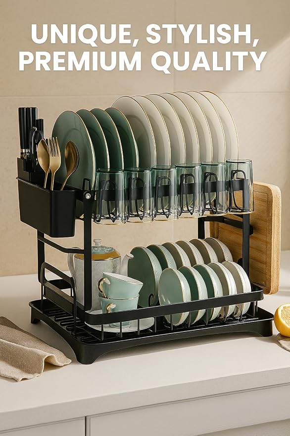 Vallary 2-Tier Dish Drying Rack with Drainboard – Rustproof Steel Kitchen Organizer with Utensil & Cup Holder, Cutting Board & Knife Stand – Space-Saving Countertop Dish Drainer (Black)