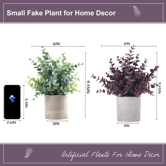 Coferset 2 Pack Small Fake Plants Eucalyptus Potted Artificial Plants Fall Decorations for Home Shelf Office Bathroom Desk Farmhouse Room Coffee Table Decor Halloween Decor (Plum)