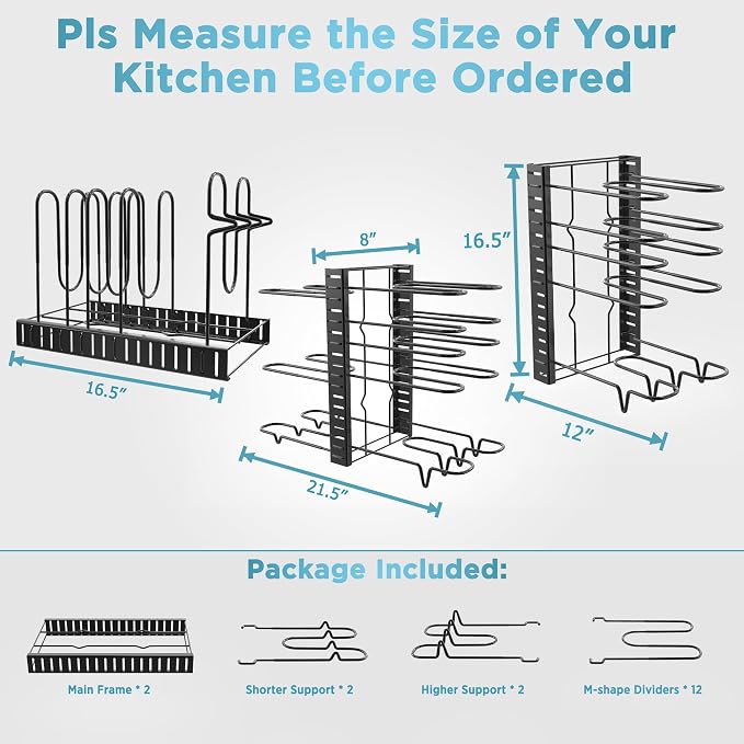 ORDORA Pots and Pans Organizer for Cabinet 16.61 Height 2 Pack, 8 Tier Pot Organizers Rack with 3 DIY Methods, Adjustable Pan Organizer under Cabinet Kitchen Organization and Storage