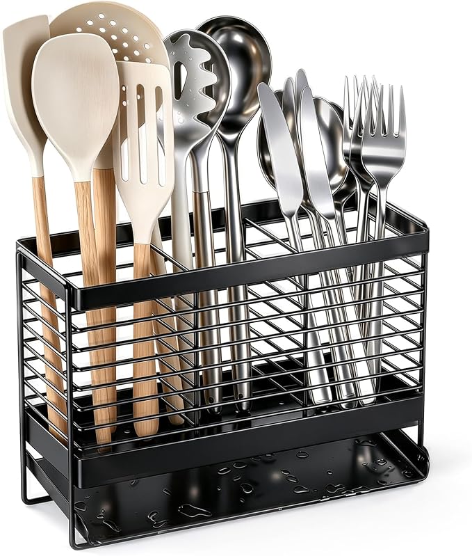 Utensil Holder, Upgrade Stainless Steel Utensil Drying Rack with Automatic Drain Tray for Kitchen Counter, Silverware Cutlery Organizer for Spoons, Forks, Knifes, Chopsticks (Black)