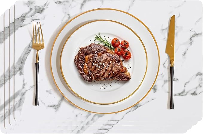 Romanstile Vinyl Placemats Set of 4-12 X 17 Inch - Faux Leather 100% Waterproof Wipeable Anti Slip Place Mats, Heat Resistant Reversible PU Table Mats for Kitchen Dining Party Outdoor, Marble