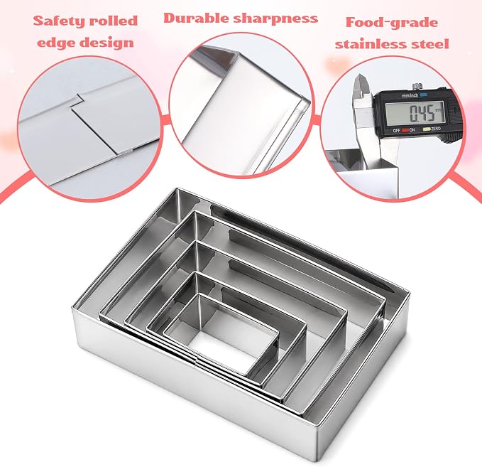 5 Pack Rectangle Cookie Cutter Stainless Steel Fondant Biscuit Molds 1.5/2/3/3.5/4.5 Inch Sandwich Cutter Shapes Square Pastry Molds Baking Supplies for Fondant Baking Craft Clay(5 Sizes)