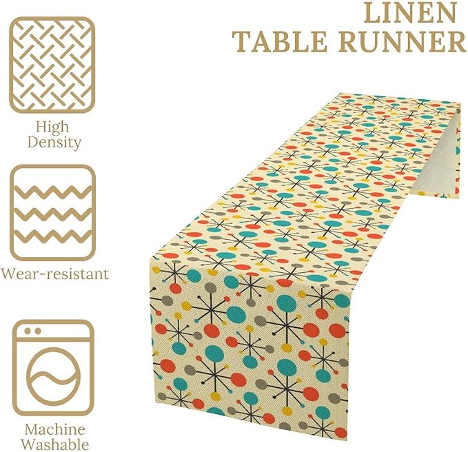 Mid Century Table Runner,70s Vintage Abstract Art Atomic Star Line Home Decor Kitchen Table Party Picnic 13x36 Inch