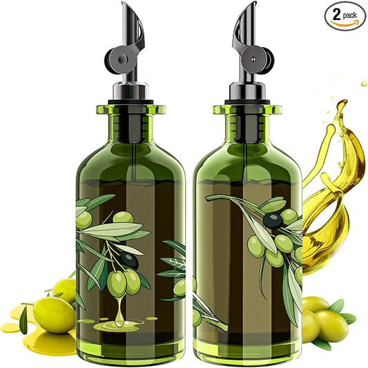 COOLMI Olive Oil Dispenser Bottle Set of 2-12oz Glass Oil & Vinegar Cruet for Kitchen - Leakproof Stainless Steel Pourers, Funnel & Labels - Extra Thick Decanter Container