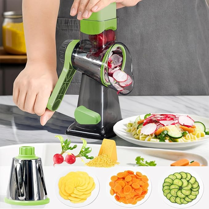 Cheese Grater with Handle,Multifunctional Rotary Cheese Grater,Kitchen Cheese Shredder Can Easily Chop Vegetables,Potatoes,Carrots,Etc.The Suction Cup is Stable and Easy to Clean (green)