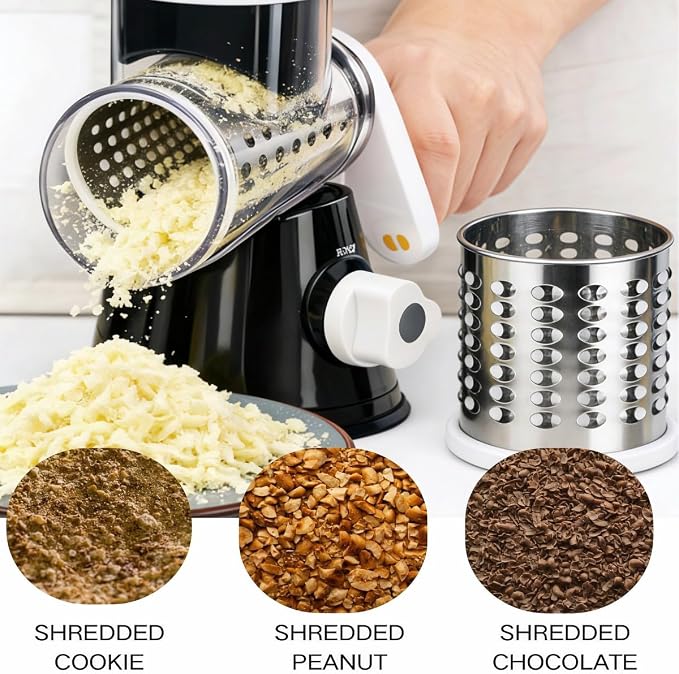 3-in-1 Rotary Cheese Grater, Hand Crank Shredder with 3 Interchangeable Blades for Cheese, Veggies, Nuts, Black