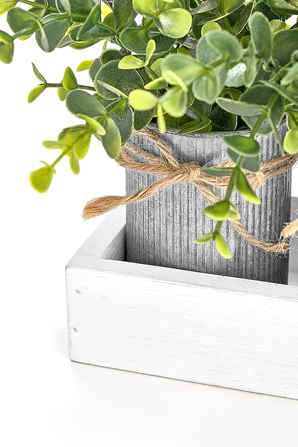 Dahey Decorative Galvanized Metal Pots Centerpiece Decor Wood Tray with Artificial Plant, 3 Buckets with Eucalyptus, Rustic Farmhouse Home Decor for Coffee Table Dining Living Room Kitchen Bath, White