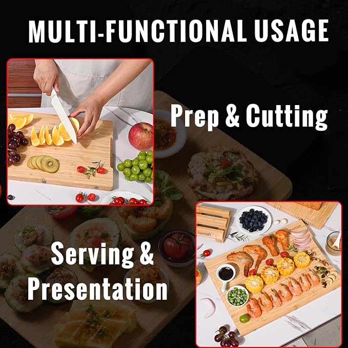 Large Bamboo Cutting Board with Handle – TRULY Non Toxic Glue Free 0.8" Thick Wood Chopping Serving, Pre-Oiled, Kitchen Essential Gift 15.7"x11"/ 40x29cm - Dishwasher Safe [New 2026 Upgrade]