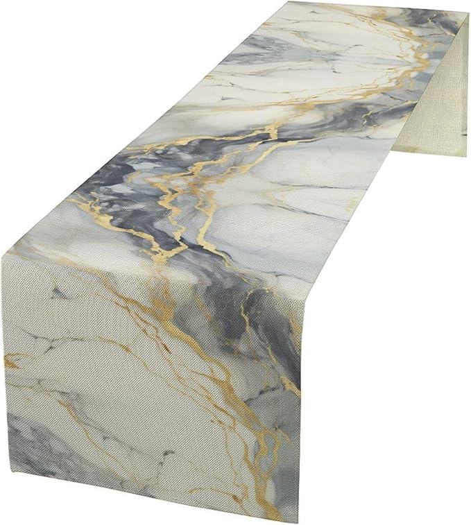 Marble Table Runner, Abstract White Grey and Gold Modern Luxury Texture Printed Linen Table Runners for Living Room Kitchen Dining Room Party Holiday Home Decor 13" W x 60" L