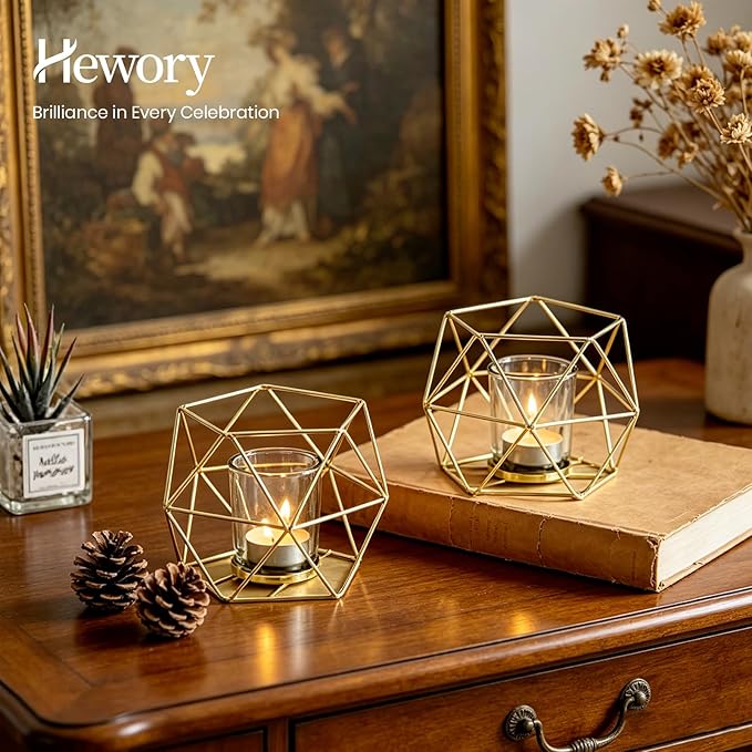 Hewory Geometric Tealight Candle Holders Gold, Modern Metal Geo Wedding Centerpieces for Table, Votive Candle Stand Accent for Tea Light for Home Shelf Mantel Christmas Birthday Party Decor, 6pcs
