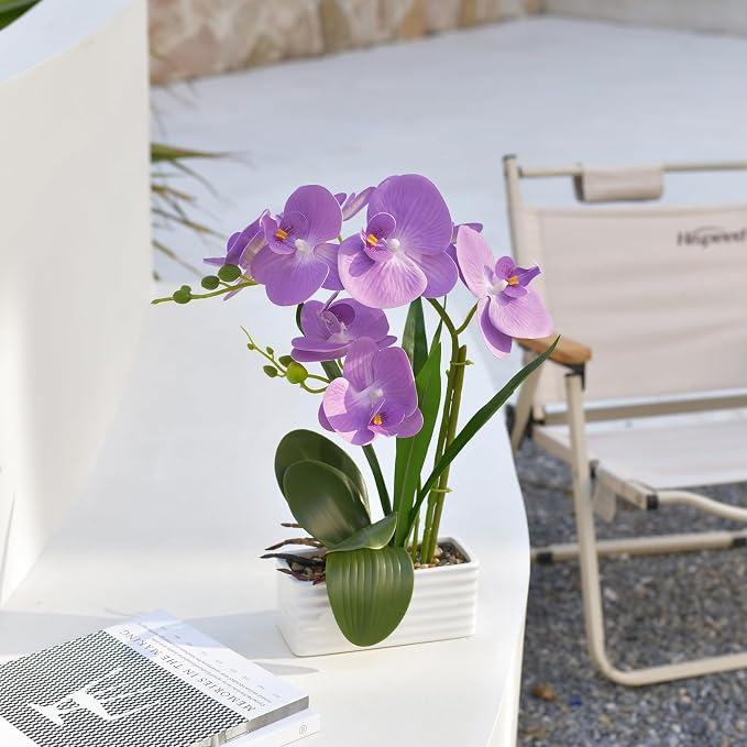 Artificial Real Touch Orchid Flowers in Pot Fake Phalaenopsis Flower with White Ceramic Vase Faux Orchids Arrangement for Home Table Office Wedding Party Decoration (Purple)