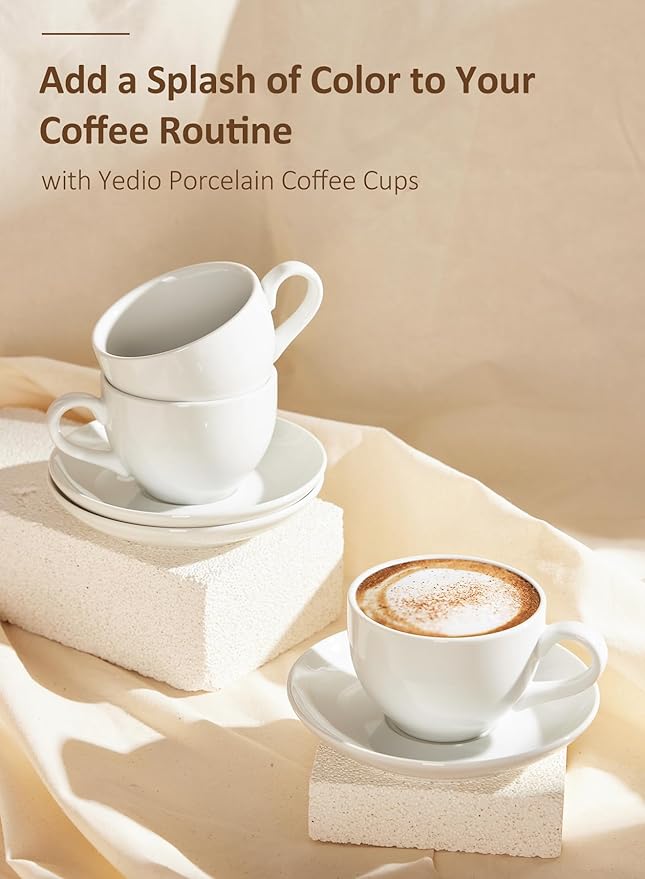 Porcelain Coffee Cups Set with Saucer, 6 Ounce White Porcelain Cup and Saucer Set for Cappuccino, Coffee Latte, Coffee drinks and Tea, Set of 6