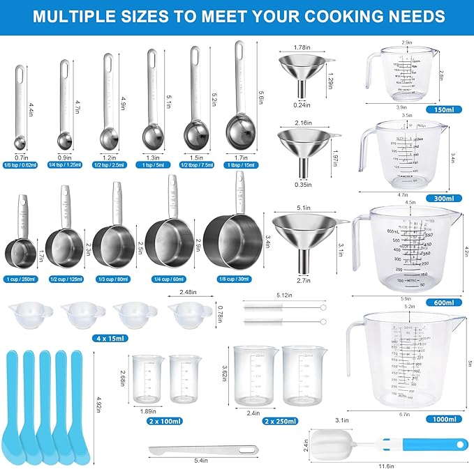 Measuring Cups and Spoons Set 35 Pcs, 11 Stainless Steel Nesting Measuring Spoons and Cups with 12 Measuring Cups, 3 Funnel, 3 Brush, 5 Spoons, 1 Ruler, Measuring Cup Set for Kitchen Baking Liquid Dry