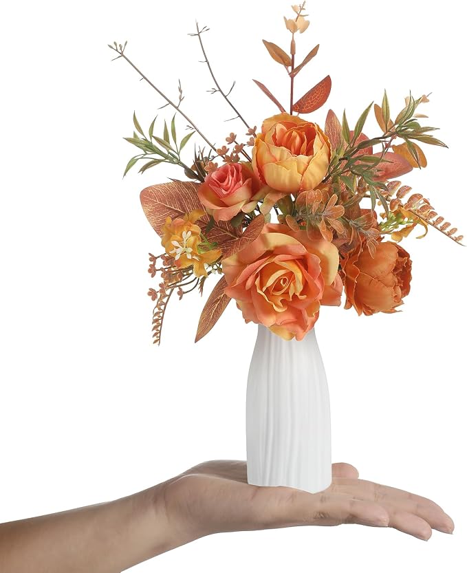 Small 11.8" Artificial Flowers in Ceramic Vase - Orange Silk Flower Centerpiece for Dining Table, Office, Wedding & Farmhouse, Home Decor