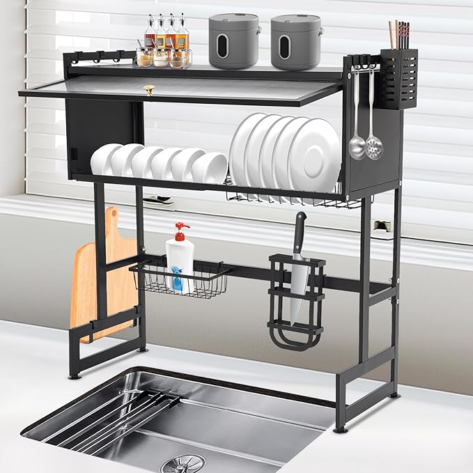 Over The Sink Dish Drying Rack 2 Tier Large Dish Drainer Drying Rack 29.53" W x 31.5" H Multifunctional Kitchen Organizers and Storage for Dishes, Glasses, Bowls, and Cutlery (Black)