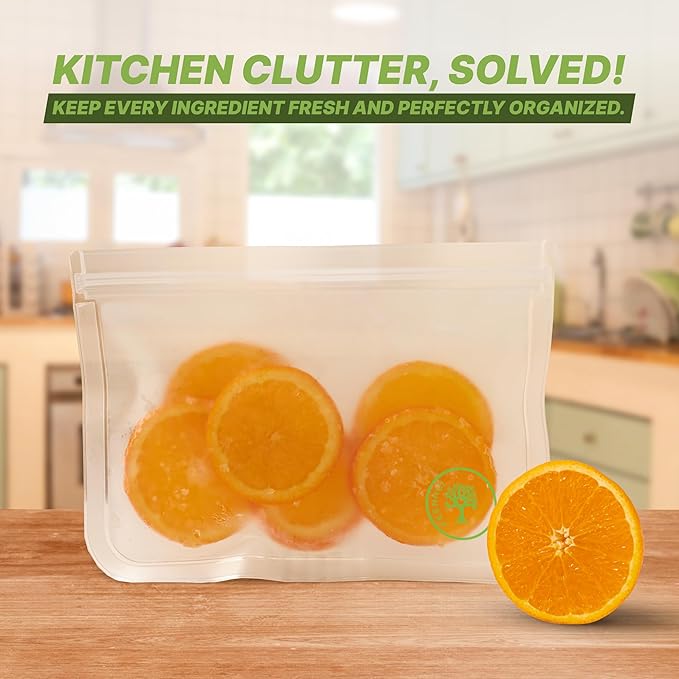 3 Pack Reusable Food Storage Bags, Clear, Freezer Safe, Resealable, Kitchen Organization, Long-Term Storage, Dishwasher-safe freezer food storage bags in 3 sizes.