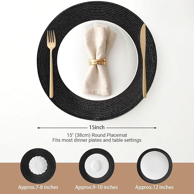 FunWheat Round Braided Placemats Set of 6 Place Mats for Dining Table Woven Washable Non-Slip Table Mats 15 Inch (Black, 6pcs)