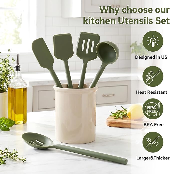 Silicone Kitchen Cooking Utensils Set – 5Pcs Extra Long & Thick Heat Resistant Kitchen Gadgets, BPA Free Non-Stick Cook Tools for Food Prep, Frying, Serving and Basting