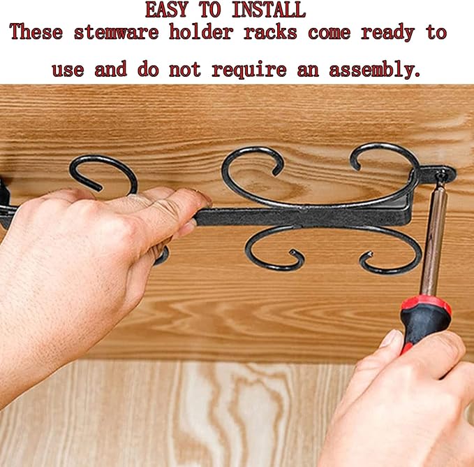 Iron Wine Glass Holder Shelf, Under Cabinet Stemware Rack, Hanging Glass Storage Hanger, Screw mounted, for Cabinet Kitchen Bar