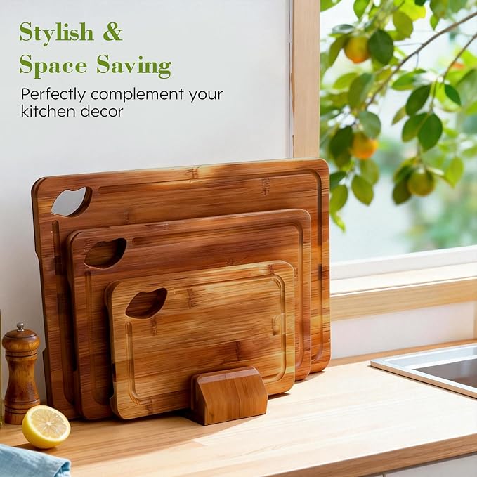 Bamboo Cutting Board 5-Piece Set,Deep-Carbonized Reversible Charcuterie Boards With Juice Grooves,Include Storage Stand&Cleaning Sponge,Knife Friendly,Sturdy,Perfect Kitchen Gift Set