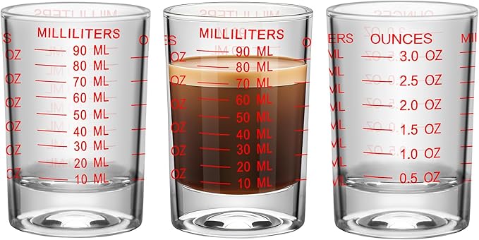 3Pcs Shot Glass Measuring Cup 3 Ounce/90ML Liquid Heavy High Espresso Glass Cup Black Line Espresso Shot Glasses with Measurement (3, Red scale)