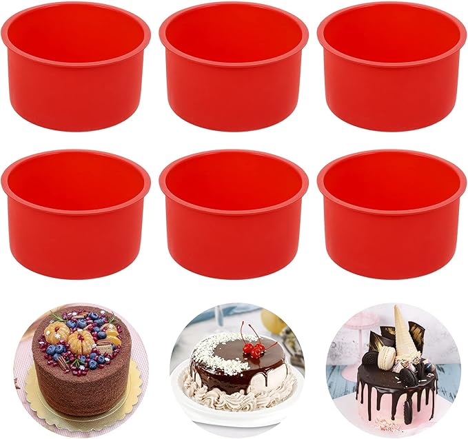 4 Inch Silicone Mini Molds, Round Non-Stick Baking Molds - Reusable Cake Pan for Muffin, Cupcake, Layer, Cheese, Rainbow Cakes (Red, Set of 6)