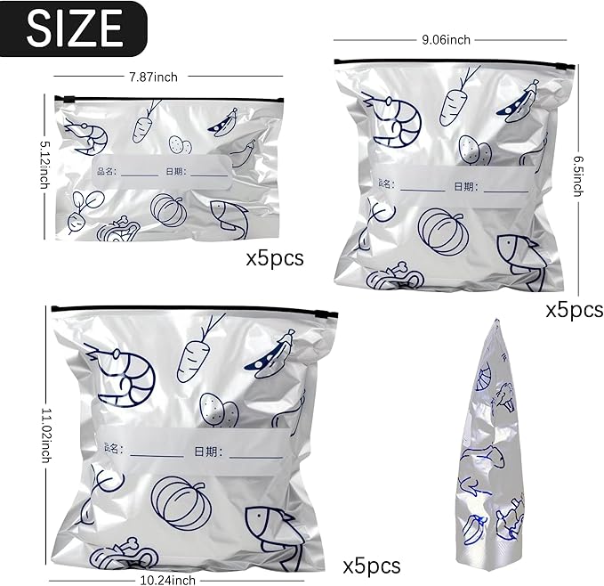 15Pcs Reusable Aluminum Foil Sealable Storage Bags, Seafood Meat Self-sealing Freezer Bags with a stand-up bottom design Freezer Safe & Leak Proof Sandwich Snack Bags for Lunch Travel