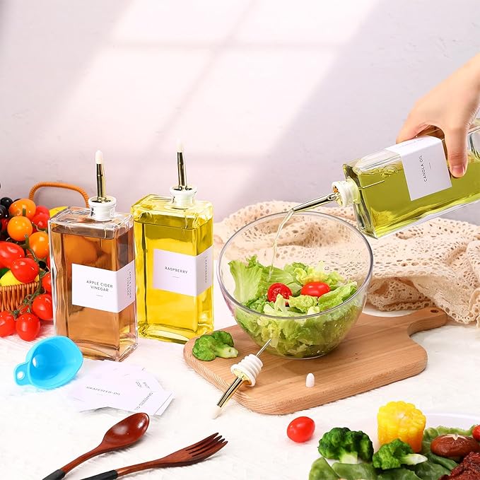 Reallnaive 3 Sets Olive Oil Dispenser Bottles for Kitchen with Nozzles Funnel Labels Cooking Oil Dispenser 500ml Set for Kitchen Vinegar Coffee Syrup (Gold)