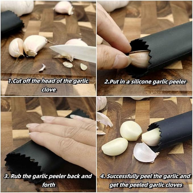 3-in-1 Stainless Steel Garlic Press with Peeler & Brush - Professional Heavy Duty Garlic Mincer, Dishwasher Safe Kitchen Gadgets for Cooking, Easy Clean Design (Black)