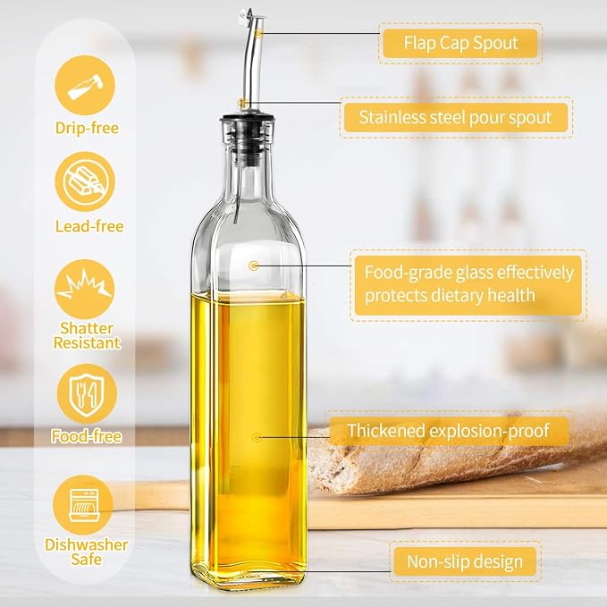 Olive Oil Dispenser Bottle, 1 Pcs Glass Oil and Vinegar Dispenser Set with 2 Stainless Steel Pourers, 2 Labels,1 Brush and 1 Funnel Oil Bottles for Kitchen (17oz/500ml)