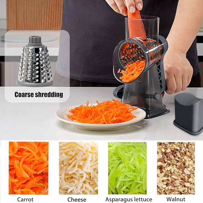 Rotary Cheese Grater Shredder with Handle Handheld Round Mandoline Vegetable Slicer Carrot Shredder Nut Grinder with 3 Replaceable Stainless Steel Drum Blades and Upgrade Strong Suction, Dark Grey
