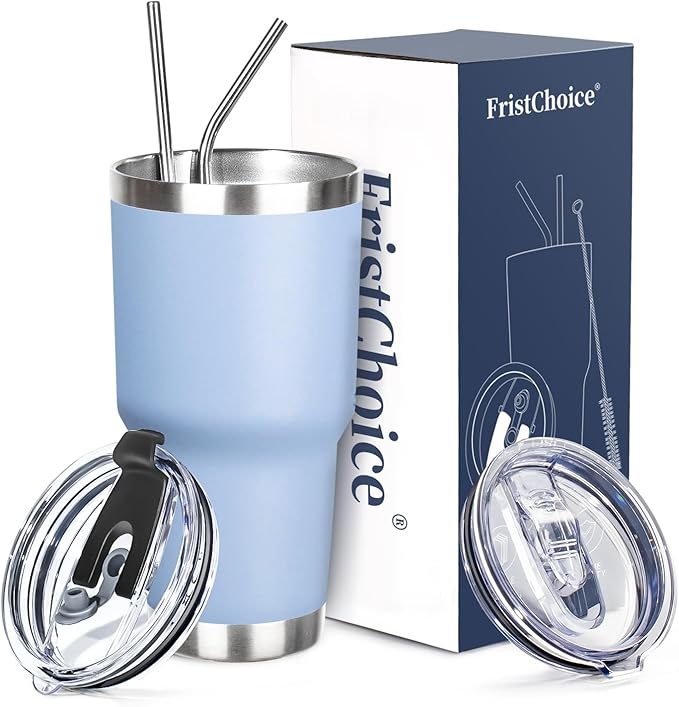 30 oz Tumbler with Lids and Straws Double Wall Vacuum Insulated Tumbler Cup,Stainless Steel Leak-proof Thermal Tumbler Travel Coffee Mug for Cold and Hot Drinks,Baby Blue