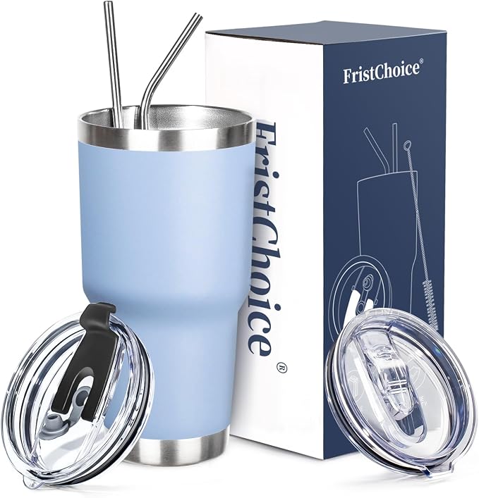 30 oz Tumbler with Lids and Straws Double Wall Vacuum Insulated Tumbler Cup,Stainless Steel Leak-proof Thermal Tumbler Travel Coffee Mug for Cold and Hot Drinks,Baby Blue