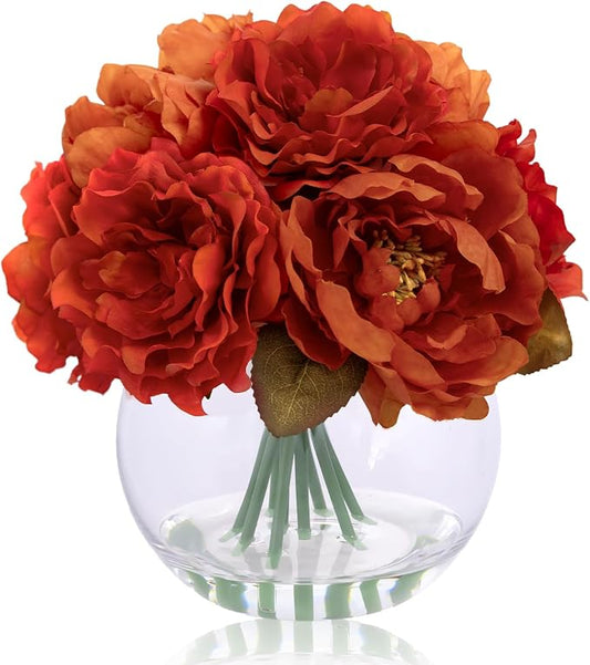 Artificial Flowers in Vase, Silk Peonies Flowers with Faux Water, Burnt Orange Fake Flower Arrangement for Summer Autumn Home Wedding Birthday Party Dining Table Centerpieces Decor & Mom's Gift