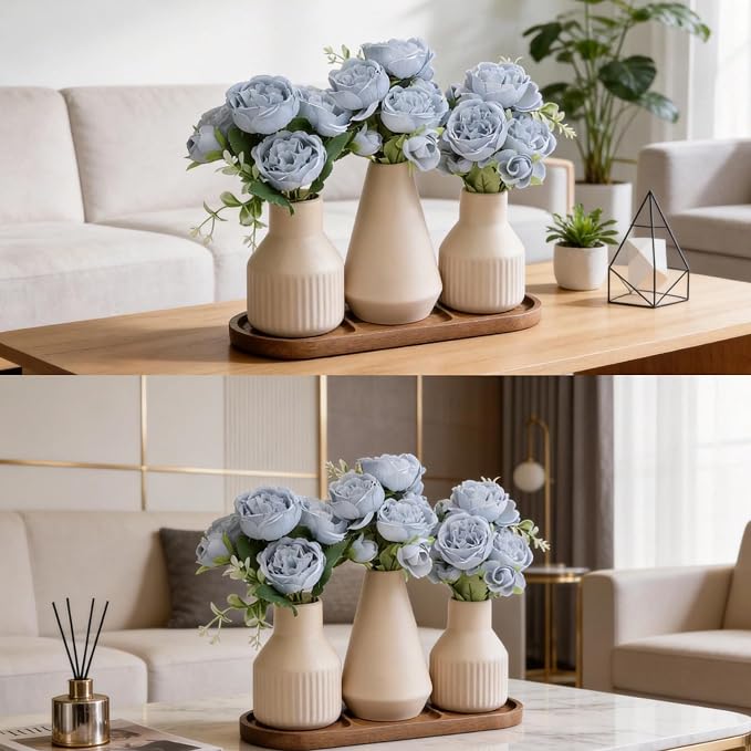 Flower Table Centerpiece - Dining Table Centerpiece Decor Set of 3 Fake Peonies in Ceramic Vases & Wood Tray Modern for Kitchen Island Living Room Coffee Table Home Decor (Blue)