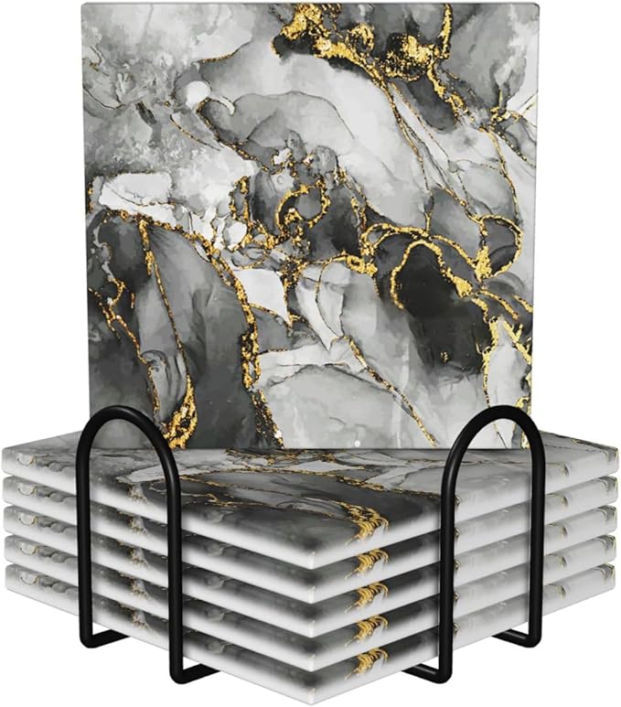 Grey Black Gray Marble Square Ceramic Coasters Set of 6 Pack, Luxury Brown Black Ombre Gold Ink Stone Drink Coaster with Cup Holder Anti-Scratc Cork Backing Bar Kitchen Home Housewarming Gift