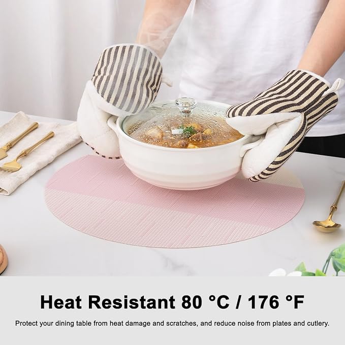 Round Placemats Set of 4, 15 Inch Woven Vinyl Heat Resistant Place Mats, Washable Non Slip PVC Table Mats for Kitchen Dining Party Outdoor Table Decor (Beige Pink, 4)