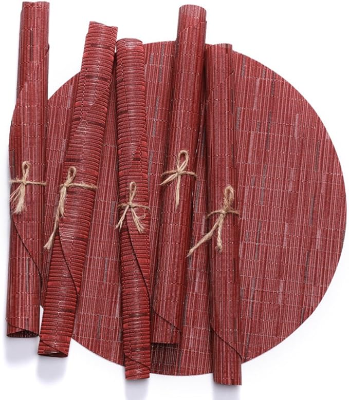 Round Placemats Set of 6 Woven Table Mats Washable Non-Slip Place Mats 13.8 Inch for Christmas Decoration Home Wedding Party,Burgundy